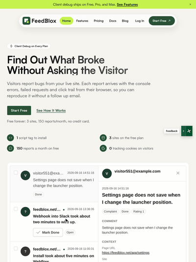 The FeedBlox widget: a visitor opens the launcher, picks a rating, writes a comment and submits