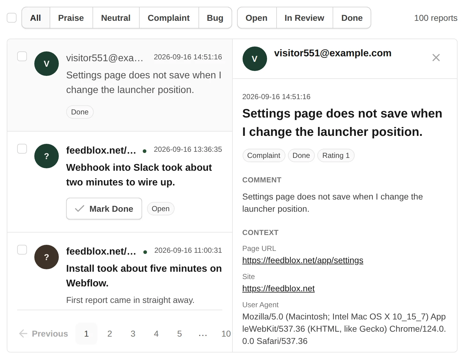 The FeedBlox inbox: a list of reports on the left and the full record on the right with comment, page URL, site, and browser