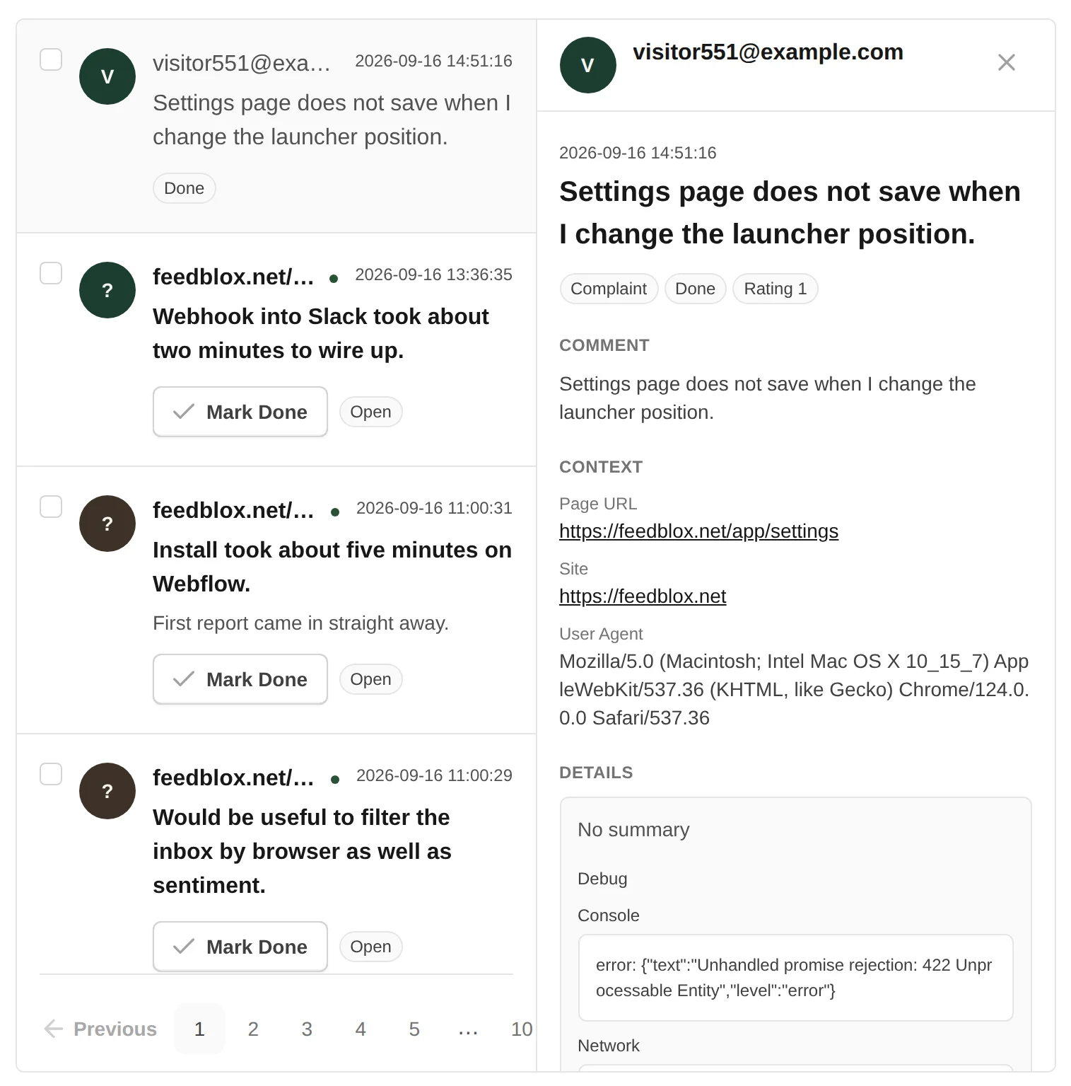 A FeedBlox bug report: the visitor's comment, the page and browser, and the console error captured when they submitted